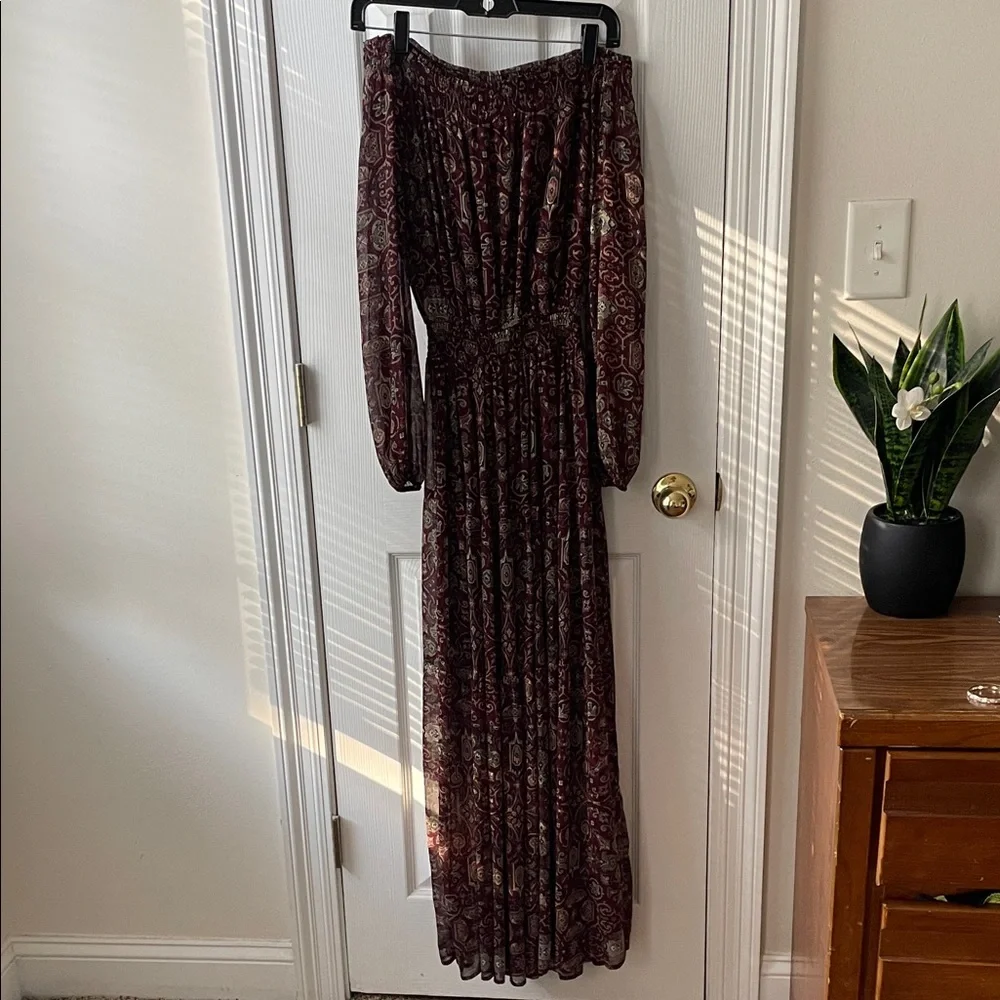 Abercrombie & Fitch Maroon Boho Paisley Western Off Shoulder Maxi Dress XS Y2K